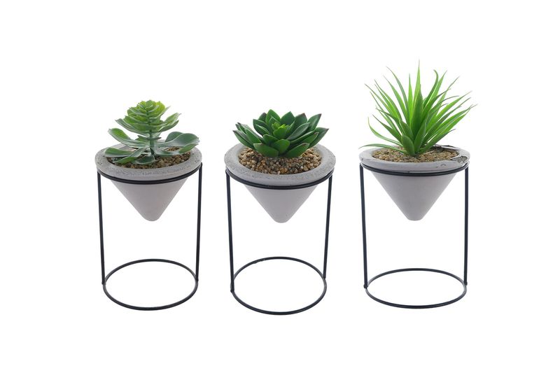 Planta artificial decorativa suculenta Concepts, set de tres variedades en macetas cónicas con soportes metálicos negros