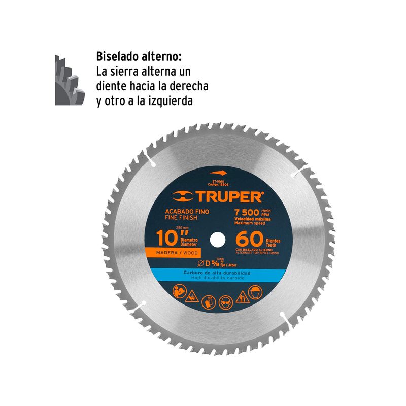 Disco para madera Truper de 10 pulgadas y 60 dientes, vista frontal con texto informativo sobre el biselado alterno