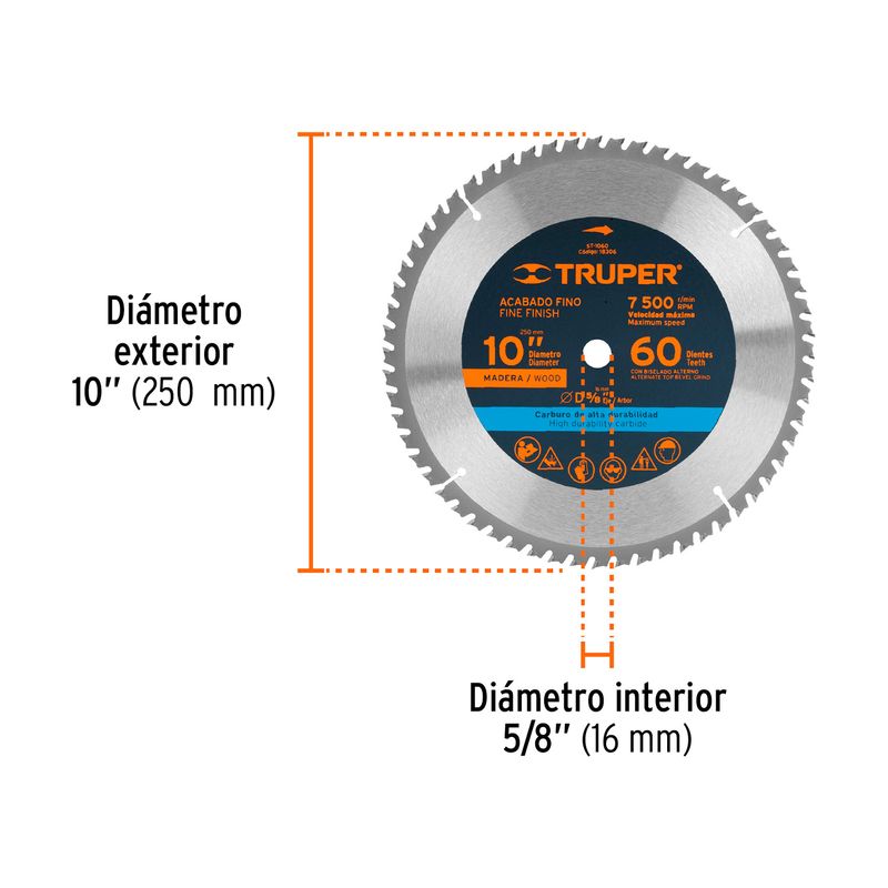 Disco para madera Truper de 10 pulgadas y 60 dientes, gráfico con medidas de diámetro exterior e interior