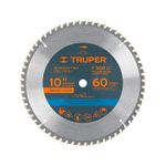 Disco para madera Truper de 10 pulgadas y 60 dientes, vista frontal del disco circular metálico con dientes dorados