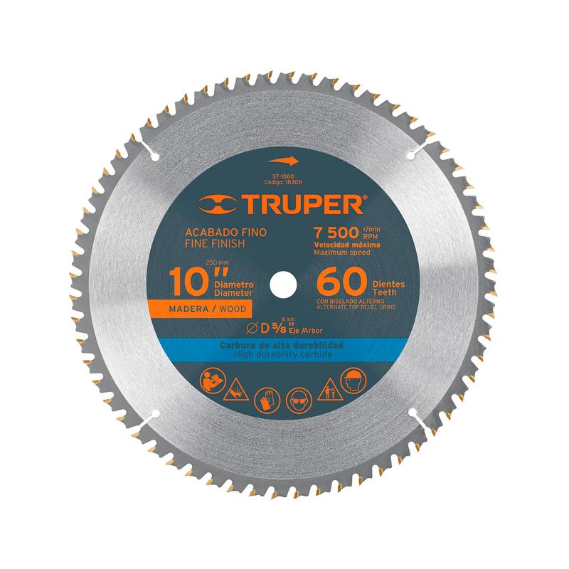 Disco para madera Truper de 10 pulgadas y 60 dientes, vista frontal del disco circular metálico con dientes dorados