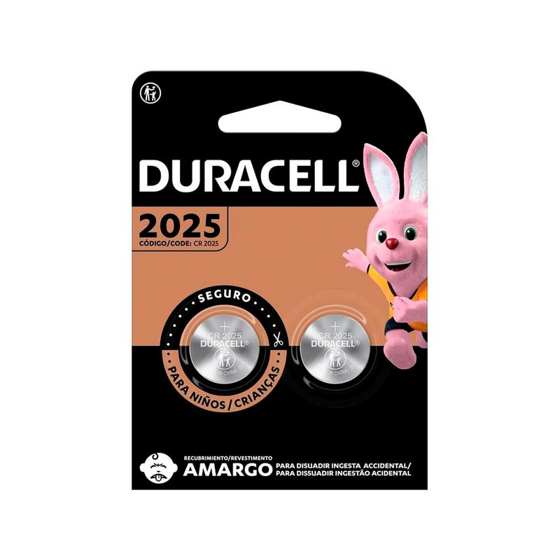 Batería tipo moneda de litio 2025 3V 2 pz Duracell, empaque blister con dos pilas y dibujo del conejo rosa