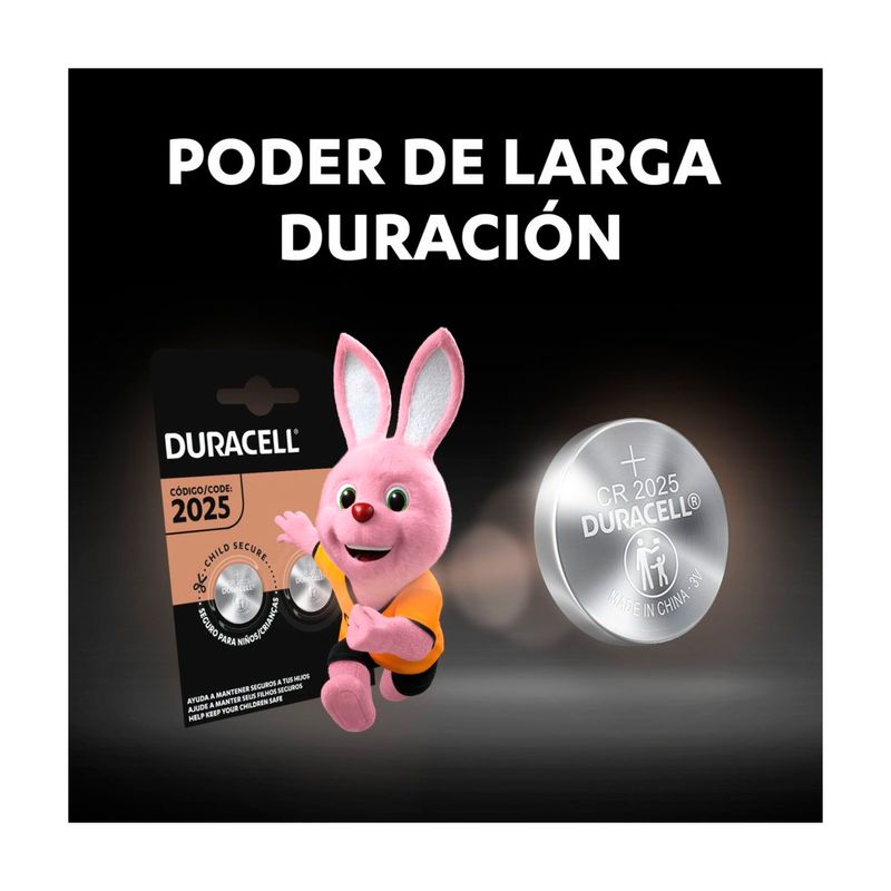 Batería tipo moneda de litio 2025 3V 2 piezas Duracell, gráfico publicitario con el conejo de la marca y una batería