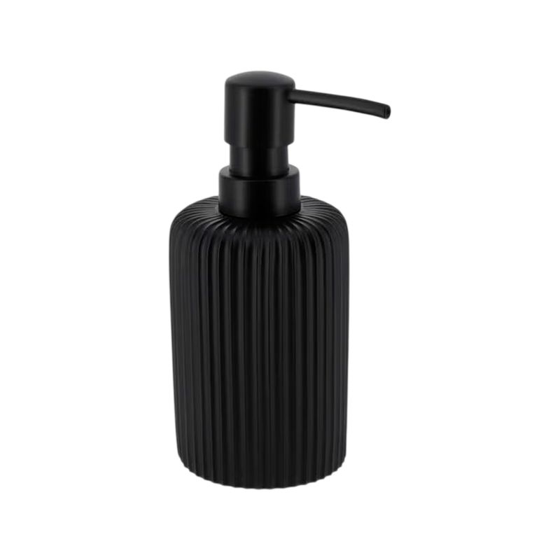Dispensador de jabón estriado poliresina 230 ml negro Tendance SINSA, vista frontal del envase con textura de líneas