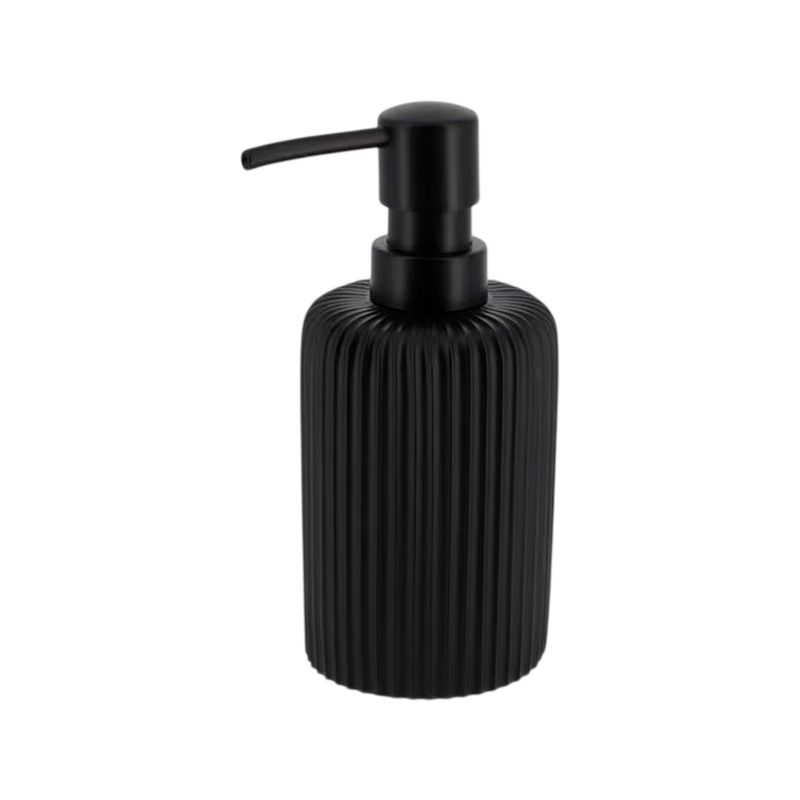 Dispensador de jabón estriado poliresina 230 ml negro Tendance, vista frontal del envase con textura de líneas verticales