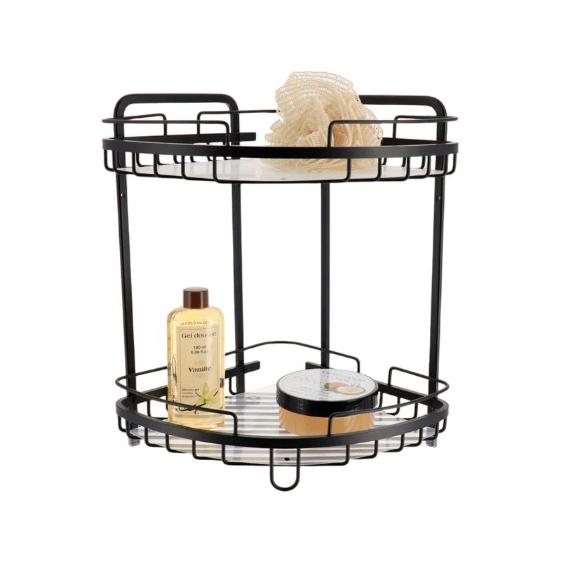 Estante para baño esquinero 2 niveles aluminio negro Tendance Sinsa, vista frontal con esponja y envases de aseo