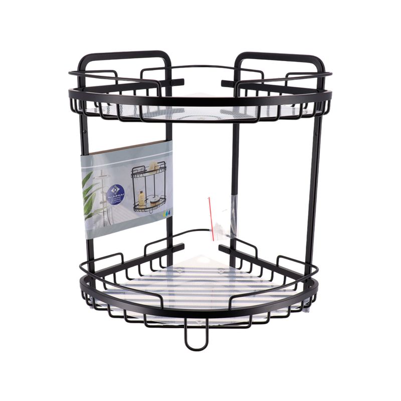 Estante para baño esquinero 2 niveles aluminio negro Tendance Sinsa, vista frontal con etiqueta de empaque adherida