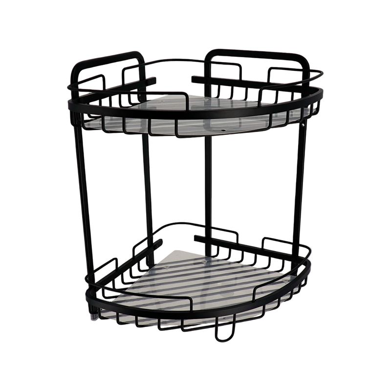 Estante para baño esquinero 2 niveles aluminio negro Tendance Sinsa, vista frontal del organizador con rejillas negras