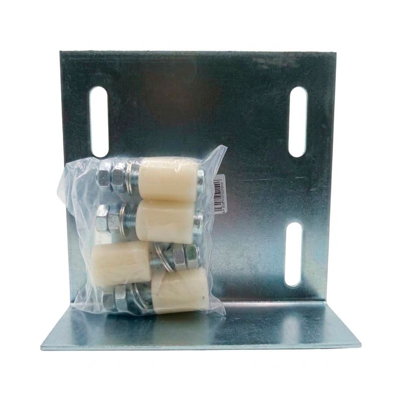 Placa metálica para 4 rodillos guía 30 x 40 mm Sinsa, soporte en L con cuatro rodillos blancos en bolsa plástica
