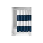 Cortina de baño de tela repelente de agua navy/white Interdesign, instalada en ducha con franjas horizontales azules y