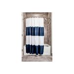 Cortina de baño de tela repelente de agua navy/white Interdesign, instalada en una bañera con franjas azul y blanco