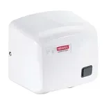 Secador de manos plástico Helvex de 1800 W, 120 V blanco, vista frontal en ángulo con botón de encendido gris