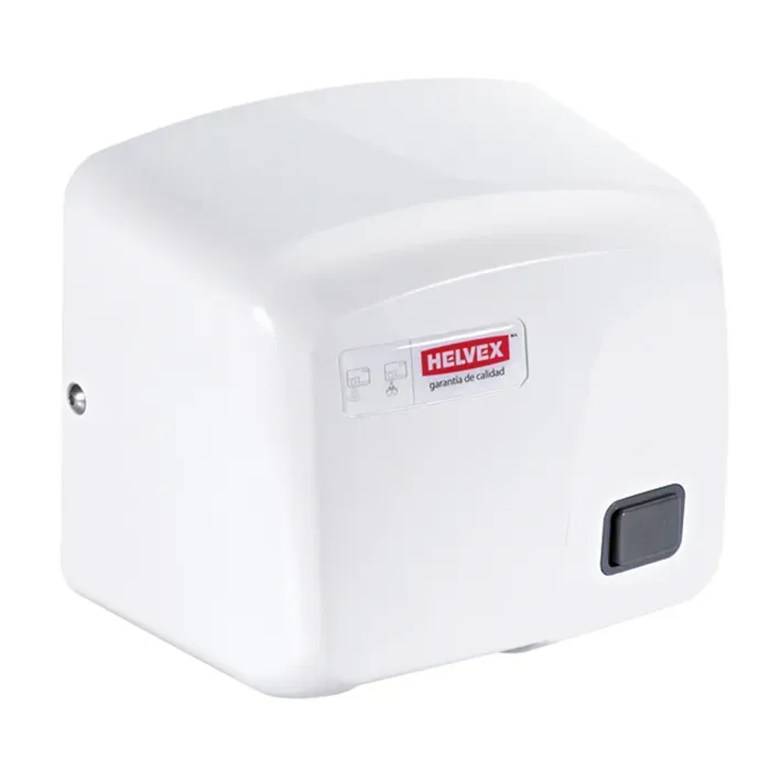 Secador de manos plástico Helvex de 1800 W, 120 V blanco, vista frontal en ángulo con botón de encendido gris