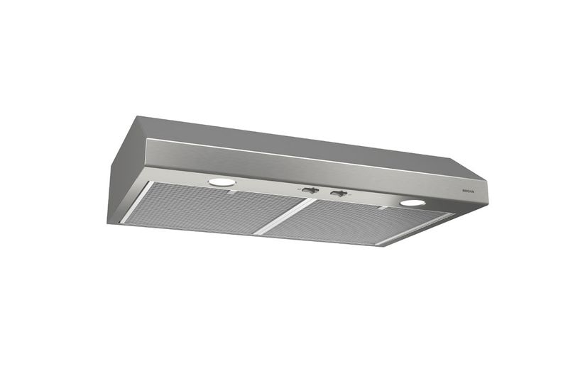 Extractor de grasa acero inoxidable 30 pulgadas Broan, vista inferior diagonal resaltando los filtros y luces