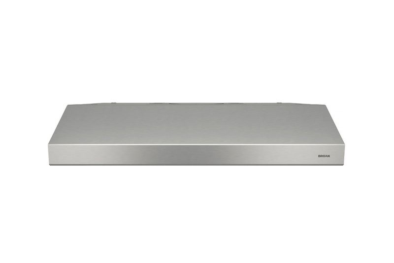 Extractor de grasa acero inoxidable Broan de 30 pulgadas, vista frontal del panel inferior con logo de la marca