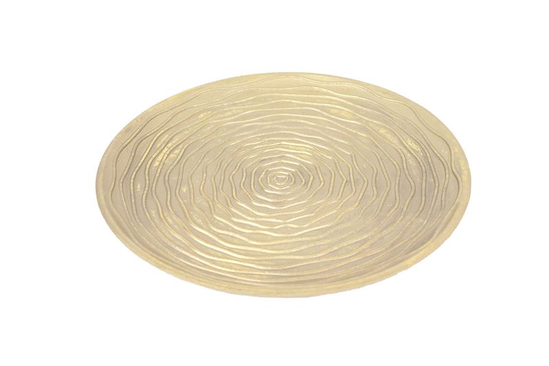 Centro de mesa decorativo redondo 35 cm dorado Concepts, vista cenital del plato con relieves concéntricos