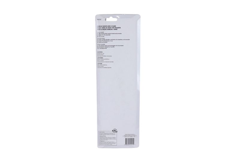 Brazo de ducha con flange 12 pulgadas cromado ACE, parte posterior del empaque con especificaciones técnicas y código de