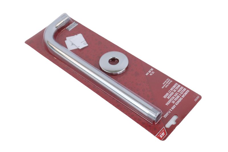 Brazo de ducha con flange 12 pulgadas cromado Ace, producto en empaque plástico sobre cartón rojo con el flange circular