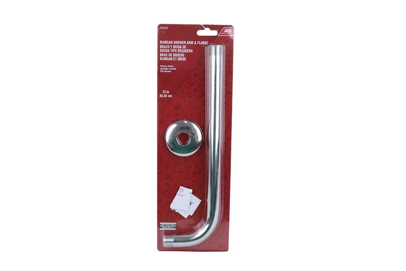 Brazo de ducha con flange 12 pulgadas cromado Ace, producto y accesorios en empaque blister sobre fondo rojo