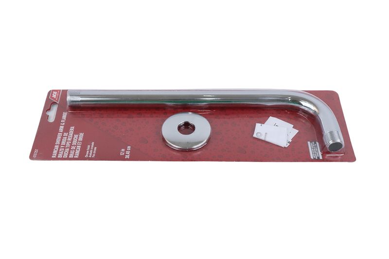 Brazo de ducha con flange 12 pulgadas cromado ACE, producto en empaque rojo con manual de instrucciones blanco