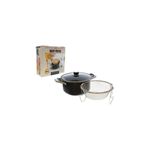 Olla freidora 24 cm acero carbonizado negro Bistró, junto a su caja y canastilla de malla metálica con tapa de vidrio