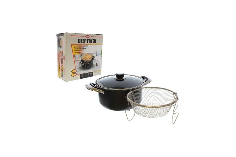Olla freidora 24 cm acero carbonizado negro Bistró, junto a su caja y canastilla de malla metálica con tapa de vidrio