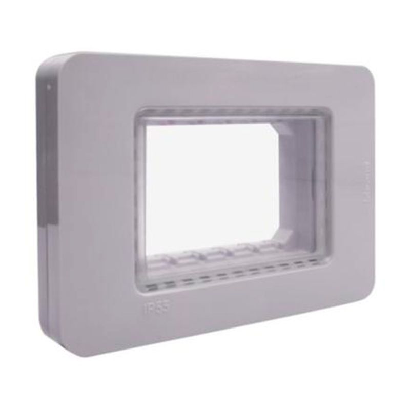 Tapa gris para caja Idrobox Matix Go IP55 Bticino, vista frontal del marco rectangular con apertura central