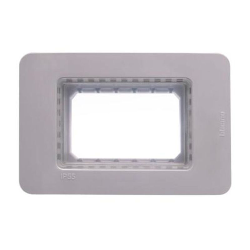 Tapa gris para caja Idrobox Matix Go IP55 Bticino, vista frontal del marco rectangular con abertura central