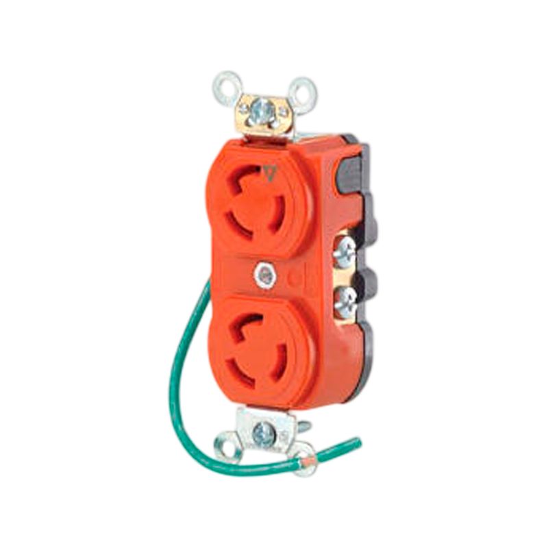 Toma hembra NEMA L5-15P 15 A / 125 V media vuelta grado industrial Leviton, color naranja con cable de tierra verde