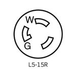 Toma hembra NEMA L5-15P 15 A / 125 V media vuelta grado industrial Leviton, gráfico técnico del diagrama de pines L5-15R