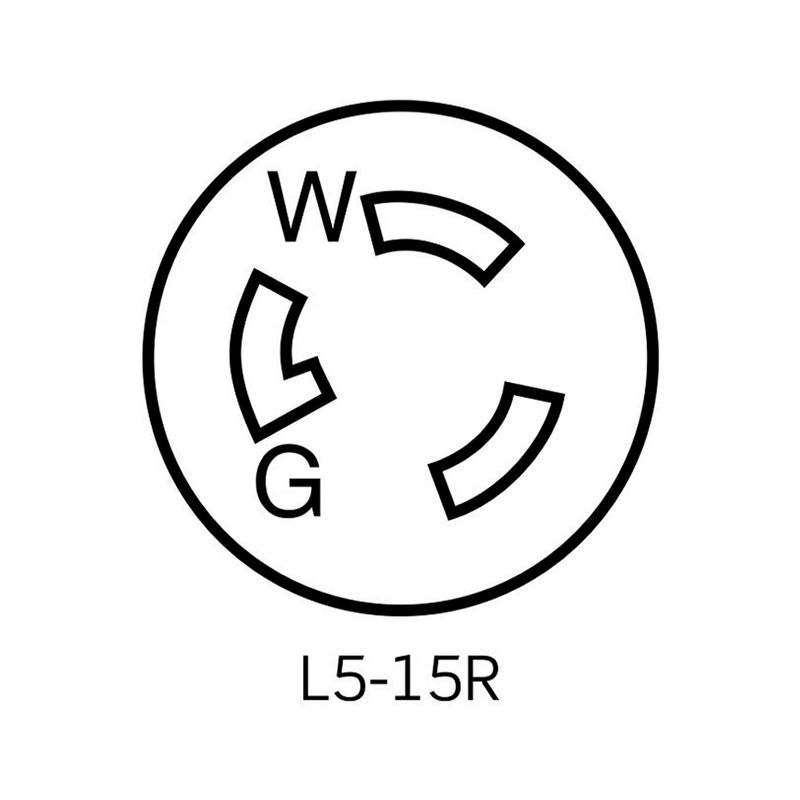 Toma hembra NEMA L5-15P 15 A / 125 V media vuelta grado industrial Leviton, gráfico técnico del diagrama de pines L5-15R