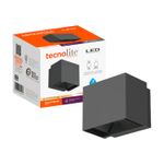 Luminaria de pared ext LED Pirqa 10 W 3000 K negro Tecnolite, equipo junto a su caja de empaque blanca y naranja