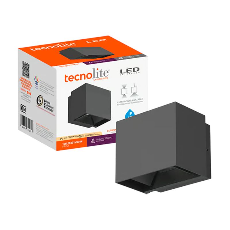 Luminaria de pared ext LED Pirqa 10 W 3000 K negro Tecnolite, equipo junto a su caja de empaque blanca y naranja