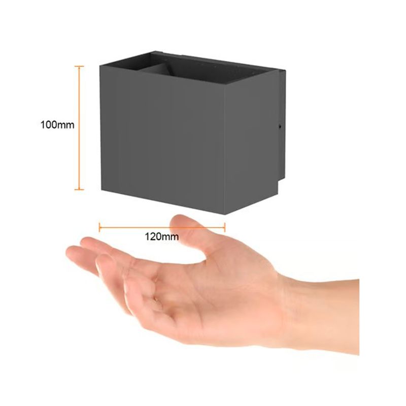 Luminaria de pared ext LED Pirqa 10 W 3000 K negro Tecnolite, gráfico con medidas de 100 mm y 120 mm junto a una mano