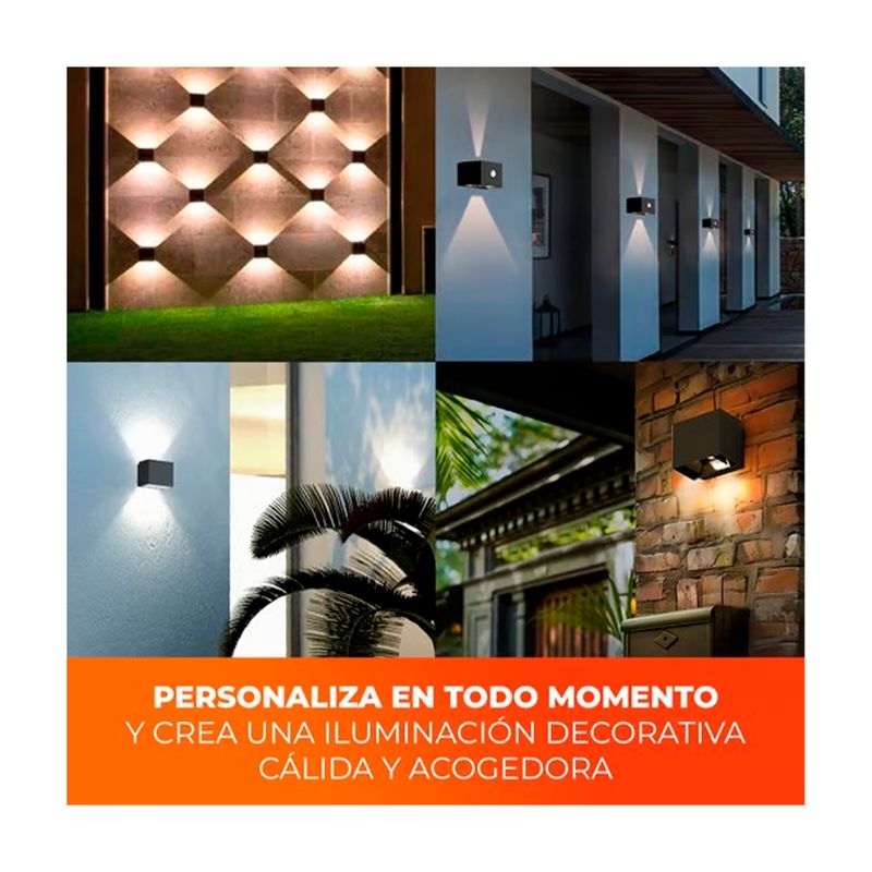 Luminaria de pared exterior LED Pirqa 10 W 3000 K negro Tecnolite, collage de cuatro aplicaciones reales iluminando paredes