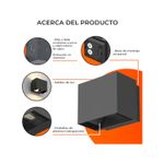 Luminaria de pared ext LED Pirqa 10 W 3000 K negro Tecnolite, gráfico con detalles técnicos y acercamientos del equipo