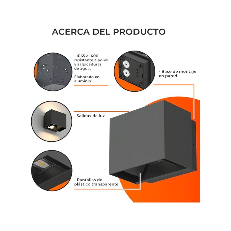Luminaria de pared ext LED Pirqa 10 W 3000 K negro Tecnolite, gráfico con detalles técnicos y acercamientos del equipo