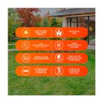 Luminaria de pared ext LED Pirqa 10 W 3000 K negro Tecnolite, gráfico con iconos naranjas sobre sus especificaciones técnicas