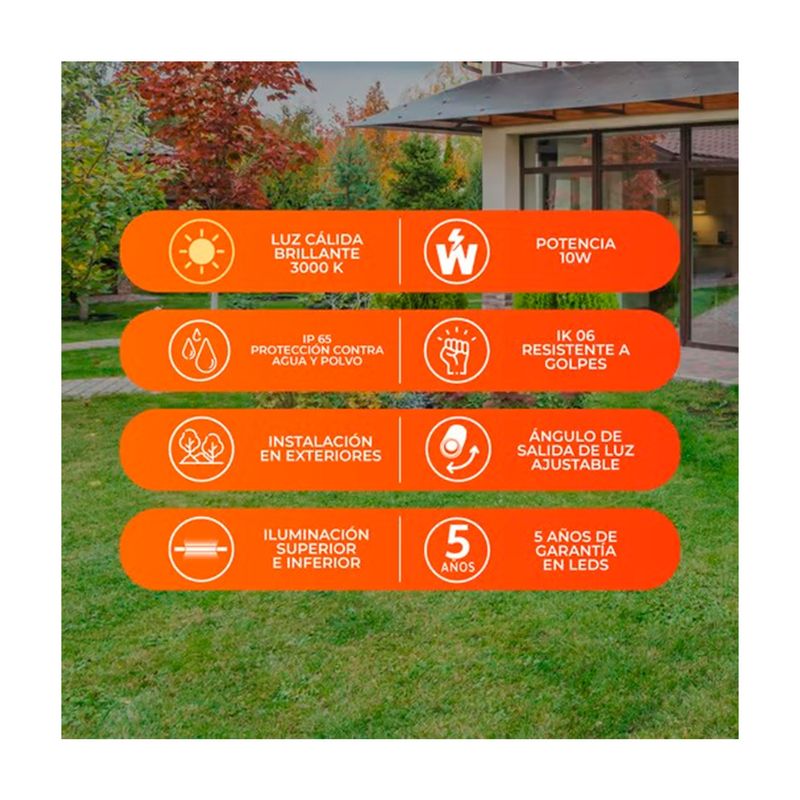 Luminaria de pared ext LED Pirqa 10 W 3000 K negro Tecnolite, gráfico con iconos naranjas sobre sus especificaciones técnicas