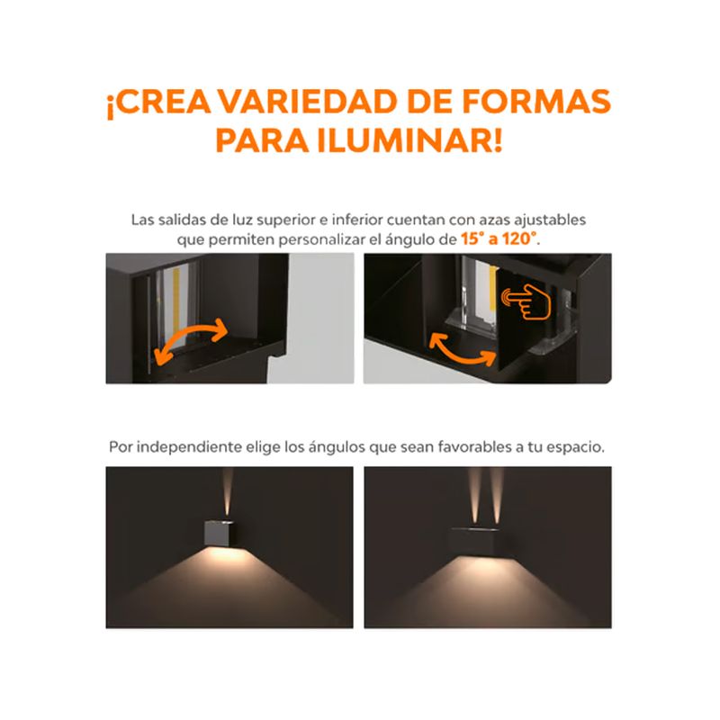 Luminaria de pared exterior LED Pirqa 10 W 3000 K negro Tecnolite, gráfico con ejemplos de ángulos de luz ajustables