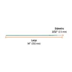 Soldadura 6013 3/32 pulgadas Truper de 1 kg y 2.2 lbs, gráfico con dimensiones de largo 14 pulgadas y diámetro 3/32 pulgadas