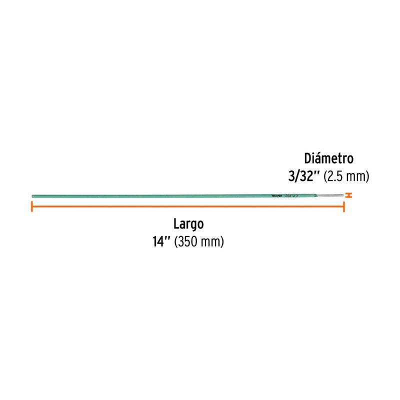 Soldadura 6013 3/32 pulgadas Truper de 1 kg y 2.2 lbs, gráfico con dimensiones de largo 14 pulgadas y diámetro 3/32 pulgadas