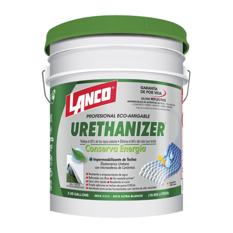 Impermeabilizante para techo Urethanizer blanco mate Lanco en cubeta, vista frontal del envase con tapa verde