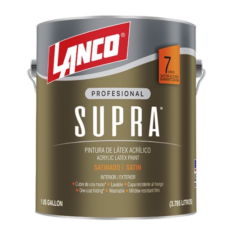 Pintura látex Supra blanco satinado Lanco, envase metálico de un galón con etiqueta marrón y logo rojo