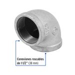 Codo de 90° de hierro galvanizado de 1-1/2 pulgadas Foset, vista en ángulo del interior roscado y superficie metálica
