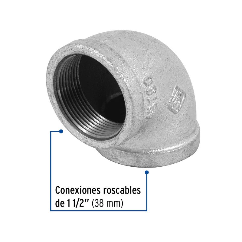 Codo de 90° de hierro galvanizado de 1-1/2 pulgadas Foset, vista en ángulo del interior roscado y superficie metálica