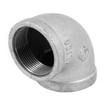 Codo de 90° de hierro galvanizado de 1-1/2 pulgadas Foset, vista en ángulo que muestra la rosca interior y acabado gris