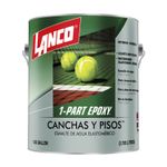 Pintura látex para cancha Lanco verde mate superior, envase de un galón con ilustración de pelotas de tenis en cancha