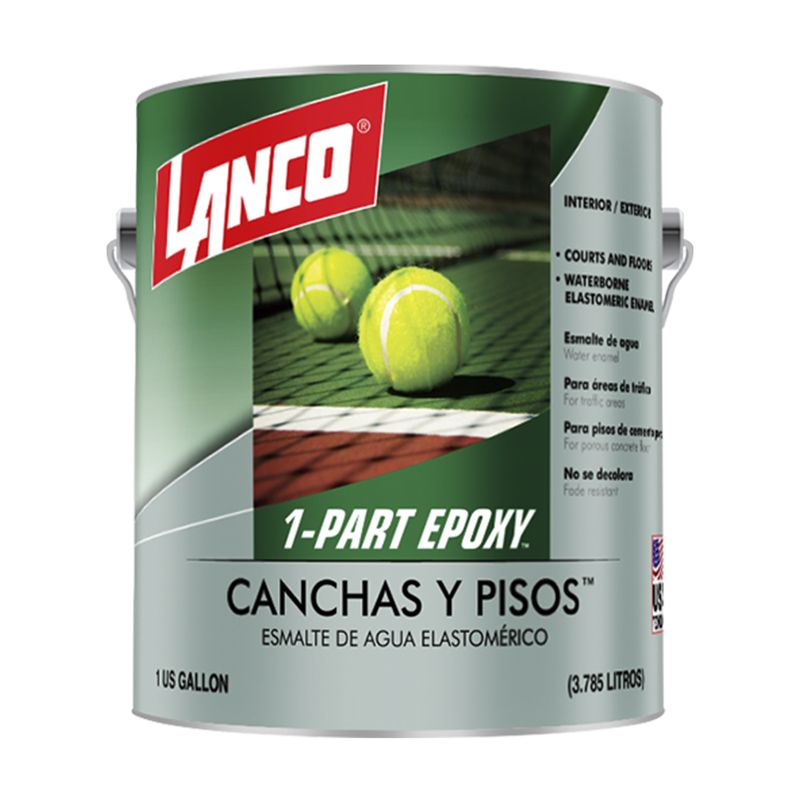 Pintura látex para cancha Lanco verde mate superior, envase de un galón con ilustración de pelotas de tenis en cancha