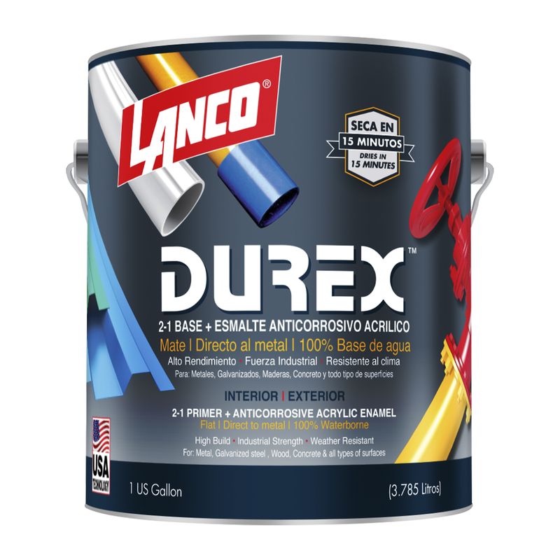 Pintura látex para metal Durex Lanco blanco mate superior, envase metálico de 1 galón con etiqueta informativa